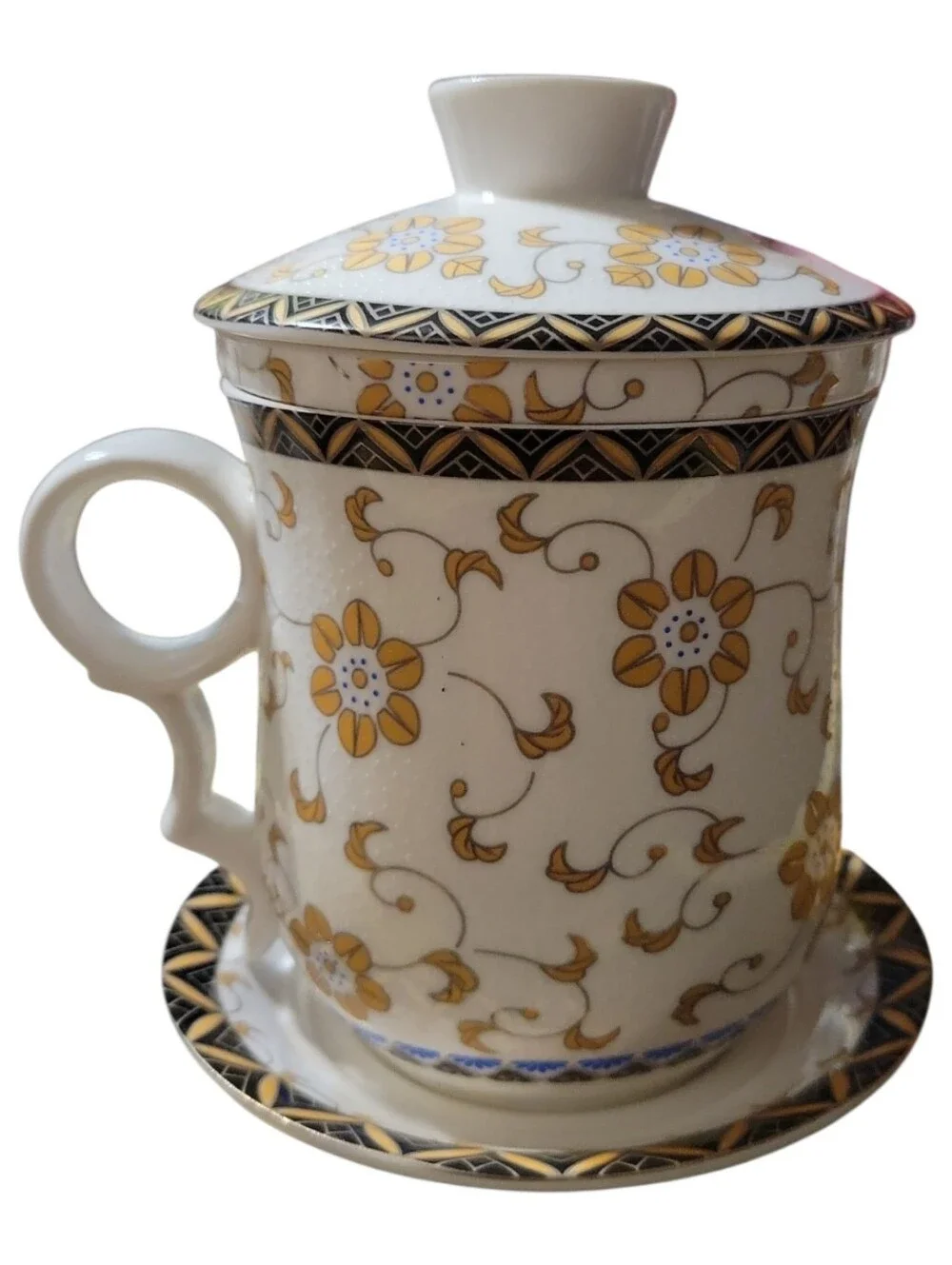 NIB Jingdezhen Porcelain Loose Leaf Tea Cup Infuser Lid Saucer 4 Pc Set 12 Oz